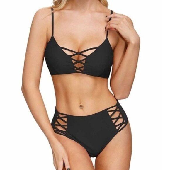 Black Lace Up High Rise Bikini Swimsuit Nwt Small - Picture 1 of 7